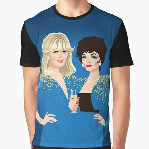 Frenemies graphic t-shirt featuring retro Dynasty TV show characters Linda Evans, Joan Collins, Krystle Carrington, and Alexis Warrington
