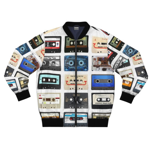 A bomber jacket with a musical theme, featuring retro and geeky design elements such as a boombox, cassette tapes, and headphones.