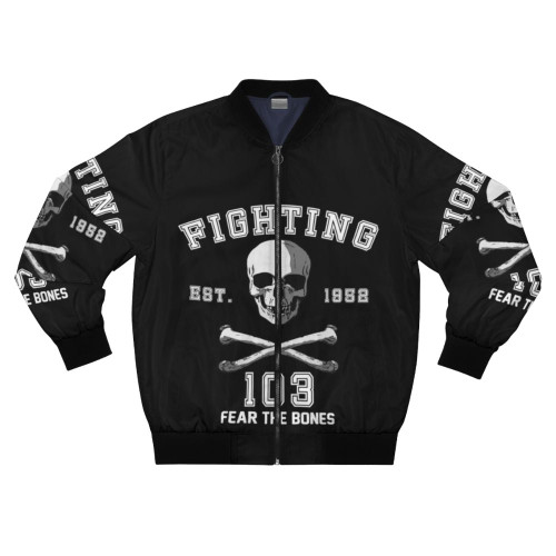 Vintage-inspired bomber jacket with Fighting 103 Jolly Rogers military aviation logo