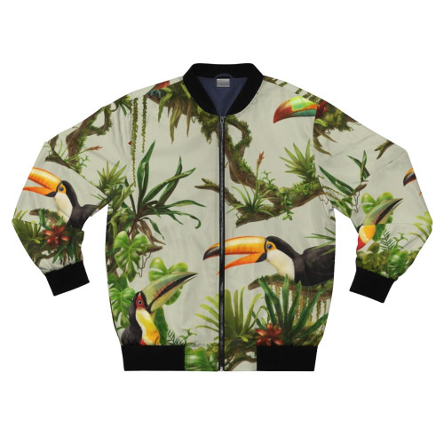 Vibrant bomber jacket featuring a pattern of toucans and bromeliads against a lush, green background