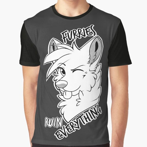 Graphic t-shirt with the text "Furries Ruin Everything" in a bold, humorous font