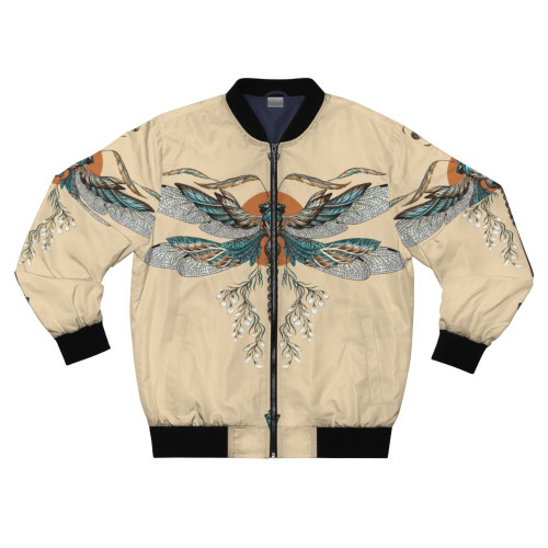 Model wearing a bomber jacket with a detailed dragonfly tattoo design