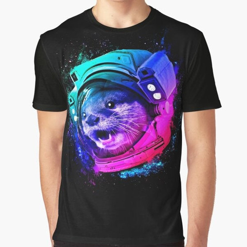 Otter Space Graphic T-Shirt featuring a sea otter in a space helmet surrounded by stars, galaxies, and rainbows