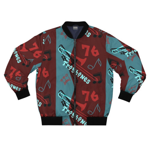 A brown bomber jacket with a vintage theater and musical theme, perfect for music teachers, directors, and band members.