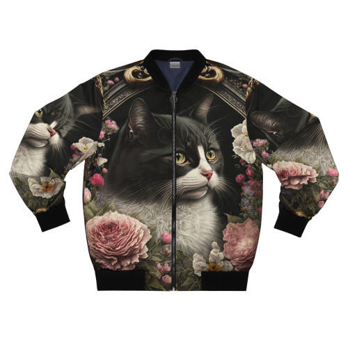 A bomber jacket with a colorful floral design featuring a tuxedo cat.