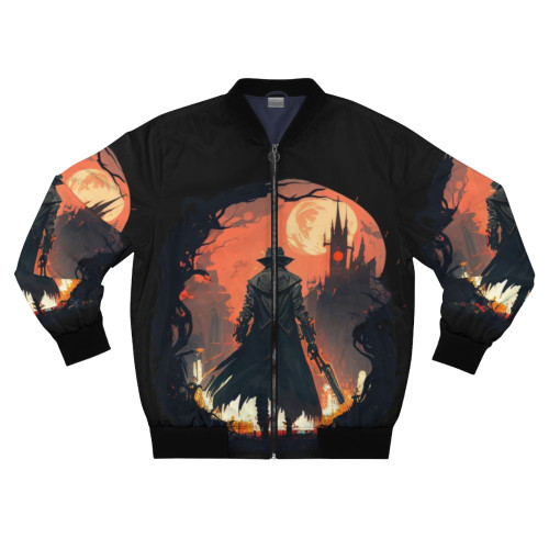 Bloodborne hunter eldritch horror bomber jacket with fiery, gothic design