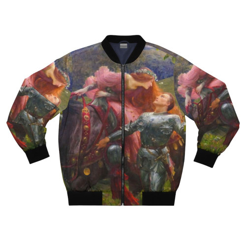 Vintage bomber jacket featuring the iconic pre-Raphaelite painting "La Belle Dame sans Merci" by Frank Dicksee, inspired by the poem of the same name by John Keats.