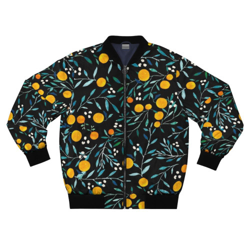 Watercolor orange floral pattern on a black bomber jacket