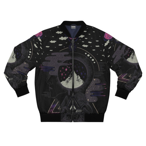 Surreal bomber jacket with a space and galaxy design, perfect for dreamers.
