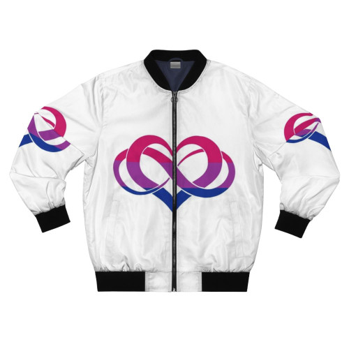 Bisexual pride bomber jacket featuring a watercolor bi flag, polyamorous heart symbol, and LGBTQ rainbow flag
