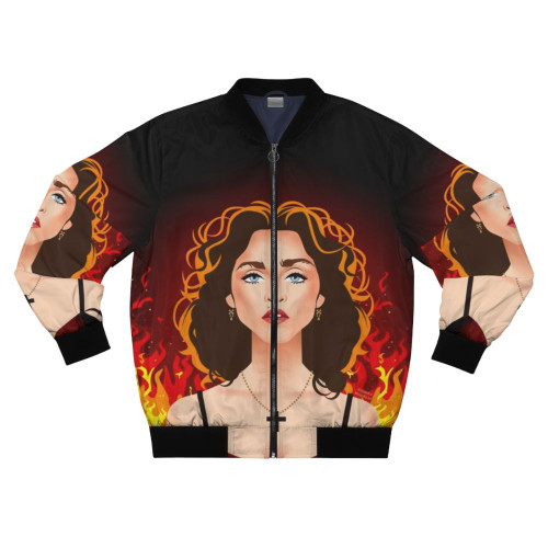 Prayer Bomber Jacket with fire, cross, and pop icon design