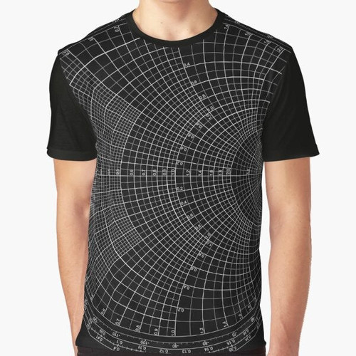 A black and white graphic t-shirt featuring a Smith chart, a type of technical diagram used in electrical engineering.