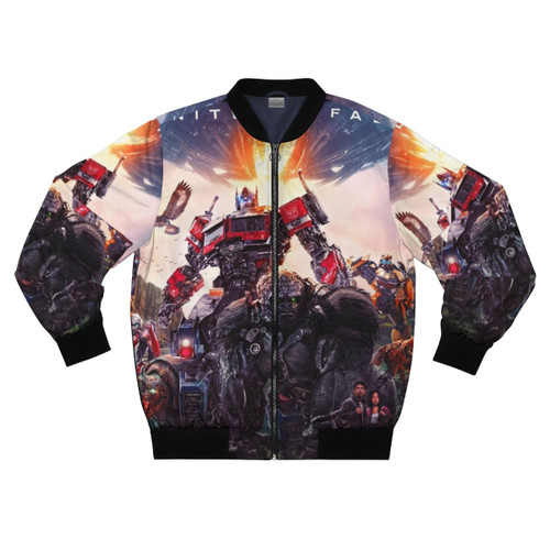 Transformers: Rise of The Beasts Bomber Jacket, featuring Optimus Prime, Bumblebee, and other iconic Transformers characters.