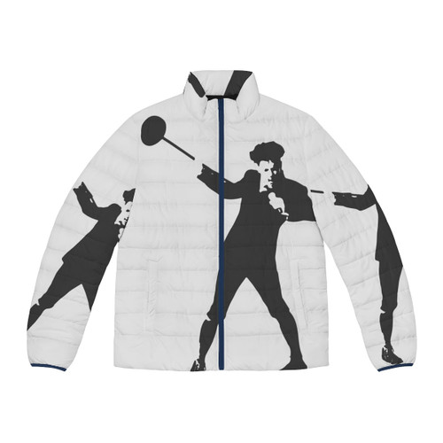 Minimalist yellow puffer jacket featuring a silhouette of John Lennon