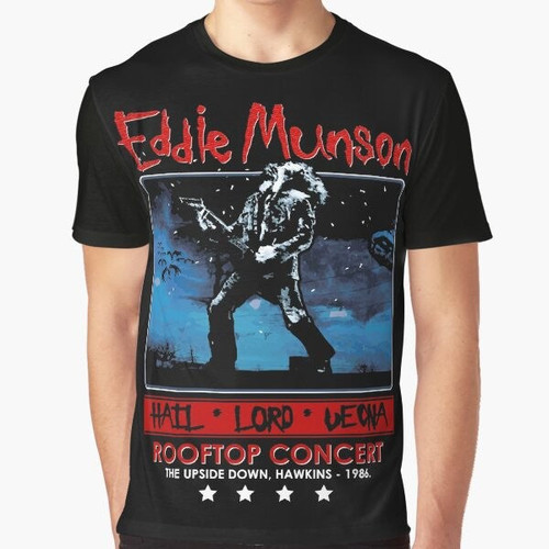 Retro graphic t-shirt featuring Eddie Munson from Stranger Things playing an electric guitar on a rooftop in Hawkins.
