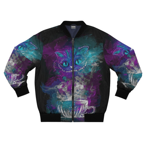 Cheshire's Tea Bomber Jacket with Alice in Wonderland inspired design featuring the Cheshire Cat, tea cups, and a galaxy print
