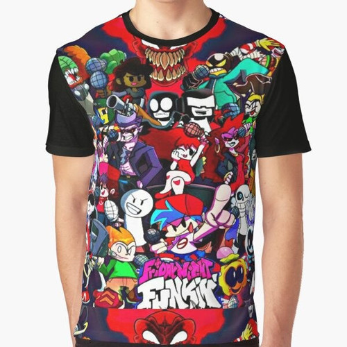 Friday Night Funkin' FNF gaming characters graphic t-shirt design featuring Boyfriend, Girlfriend, Pico, Skid and Pump, Monster, and more.