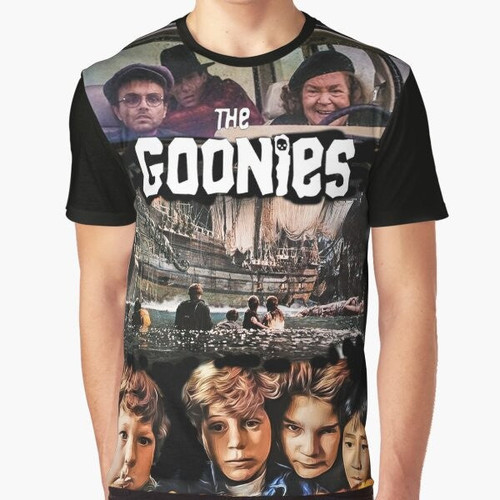 "The Goonies" 80s classic movie graphic t-shirt design with the iconic "never say die" slogan