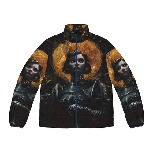 Woman wearing a navy blue puffer jacket with medieval-inspired design, the "Joan of Arc Puffer Jacket"