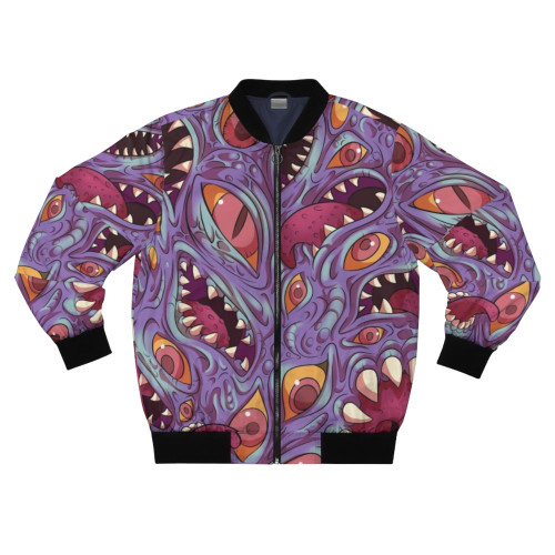 Lovecraftian Cthulhu Mythos-inspired bomber jacket with a surreal, otherworldly pattern featuring eyes, mouths, and tentacles
