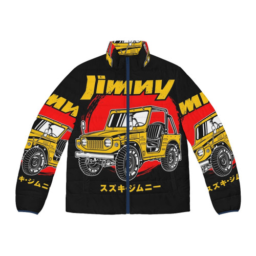 Man wearing yellow puffer jacket standing in front of Jimny 4x4 vehicle