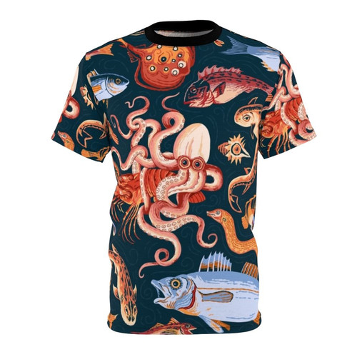 T-shirt featuring a vibrant ancient Roman mosaic design from Pompeii, depicting marine life and classical elements.