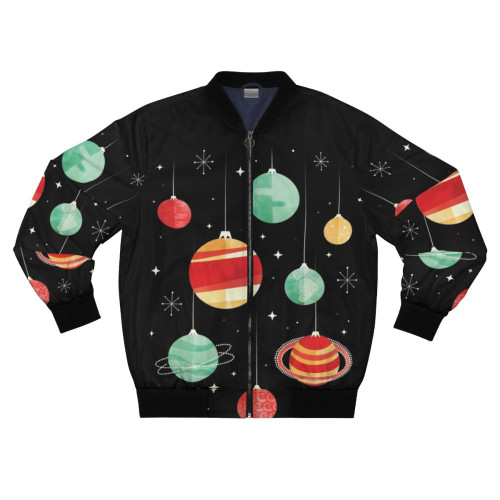 Holiday Space Bomber Jacket with Vintage Planets and Stars Design