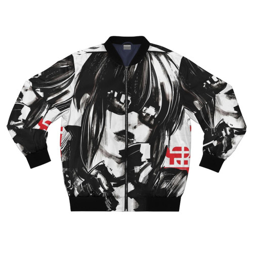 Cyberpunk urban fashion bomber jacket with futuristic, vaporwave, and glitch design elements.