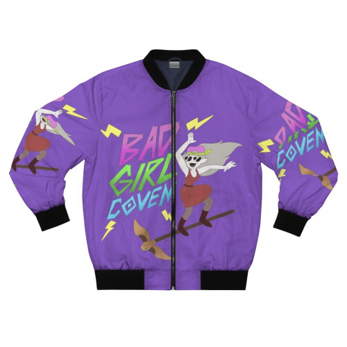 A purple bomber jacket with the "Bad Girl Coven" design, featuring Eda the Owl Lady from the Disney series "The Owl House".