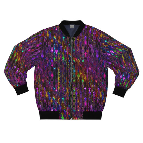 Retro disco-inspired bomber jacket with a bright, colorful 70s/80s pattern design.