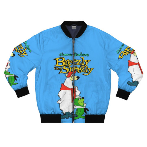 Breezly and Sneezly cartoon characters on a bomber jacket