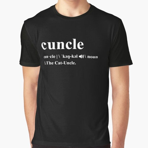 A graphic t-shirt design featuring a 'Cuncle' or 'Cat Uncle' design with a playful, funny illustration.