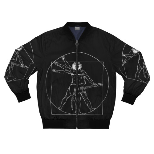Vetruvian man-inspired bomber jacket with guitar and skull graphics