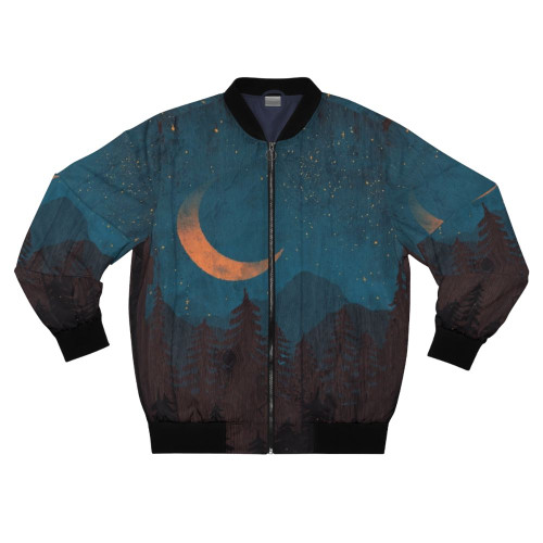 A bomber jacket with nature-inspired designs, including a landscape, moon, stars, and fireflies.