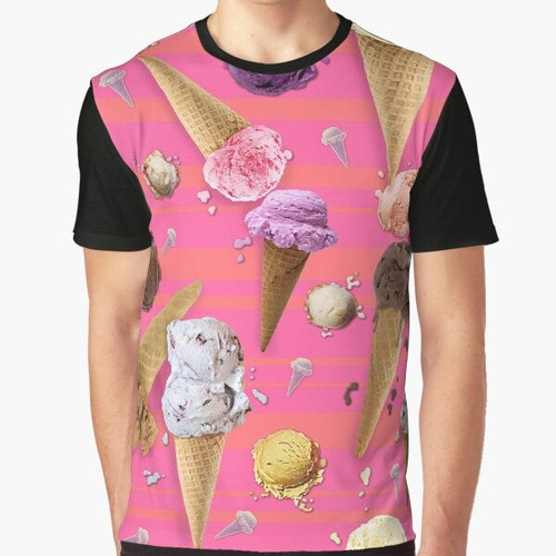 Colorful graphic t-shirt featuring various ice cream designs and textures, perfect for food bloggers and ice cream lovers.