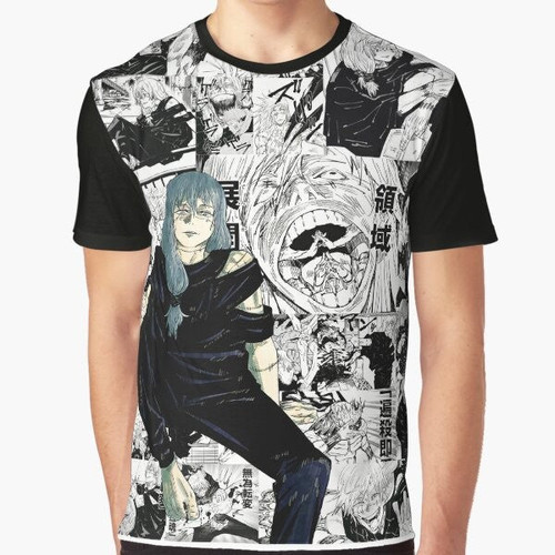 Aoi Mahito, a character from the anime Jujutsu Kaisen, featured on a black and white graphic t-shirt