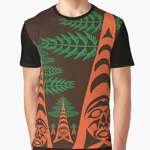 Native-inspired cedar forest graphic design on a t-shirt