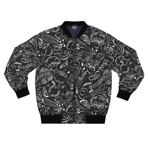 Vegetable pattern bomber jacket with various vegetables like squash, broccoli, onion, garlic, and more.