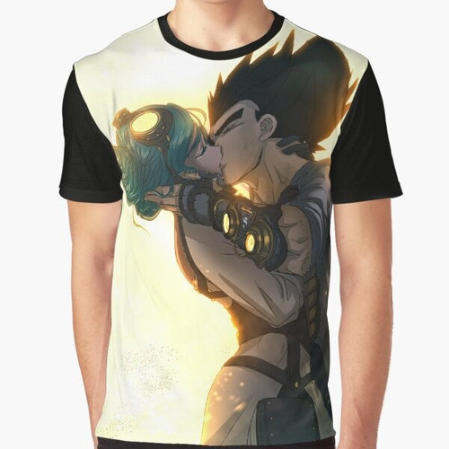 Anime inspired "Of Stars, Steam and Pride" graphic t-shirt featuring Vegeta and Bulma from Dragon Ball Z