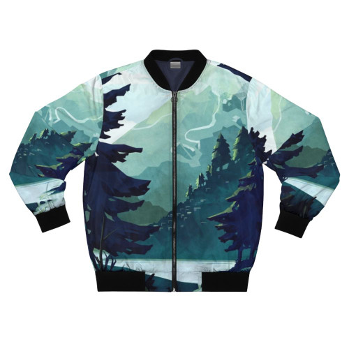 Canadian Mountain Bomber Jacket with scenic landscape of rocky mountains, lakes, and forests