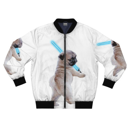Adorable pug wearing a bomber jacket with a lightsaber design