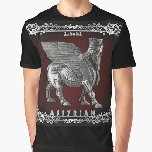 Silver t-shirt featuring the Lamassu, an ancient Assyrian mythological creature