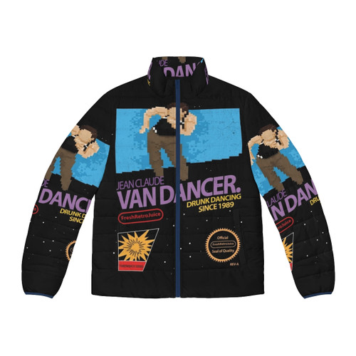 Jean Claude Van Damme Retro Puffer Jacket featuring 8-bit martial arts graphics