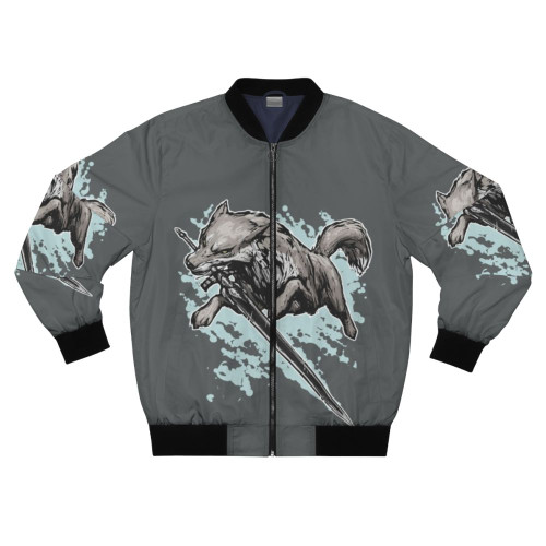 Grey bomber jacket with a swordswolf design, inspired by the Dark Souls video game