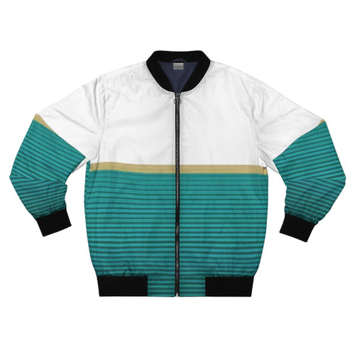 Fashionable urban bomber jacket with abstract teal and gold design