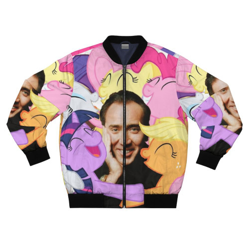 A stylish bomber jacket featuring a Nic Cage and My Little Pony fanart design.