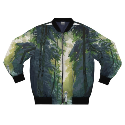 Sousou no Frieren x Mushoku Tensei Bomber Jacket featuring Fern, Stark, and Kraft from the Sousou no Frieren anime series.