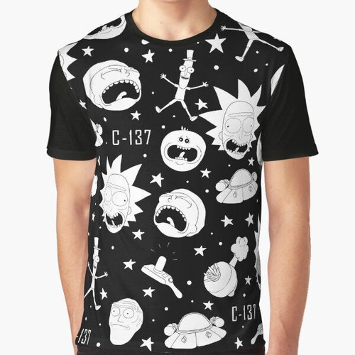 Rick and Morty characters in a simple black and white pattern design on a graphic t-shirt.