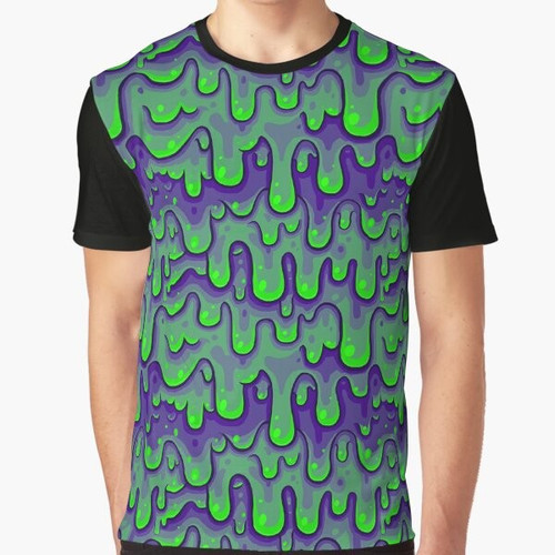 A t-shirt featuring a repeating pattern of green slime, goo, and oozing monsters
