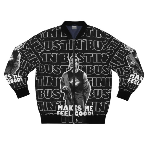 A stylish bomber jacket with a fun, "Bustin'" graphic design inspired by 80s pop songs.